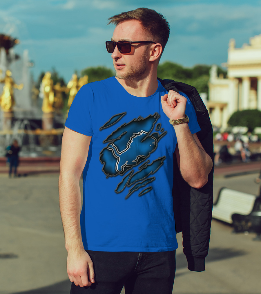 Torn Detroit Lions Blue Texture With Iconic Lion Logo In Claw Marks T-Shirt