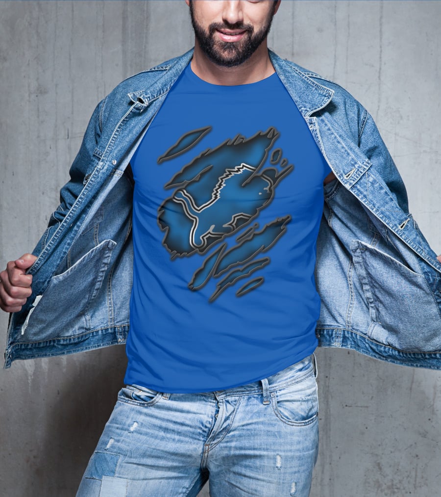 Torn Detroit Lions Blue Texture With Iconic Lion Logo In Claw Marks T-Shirt