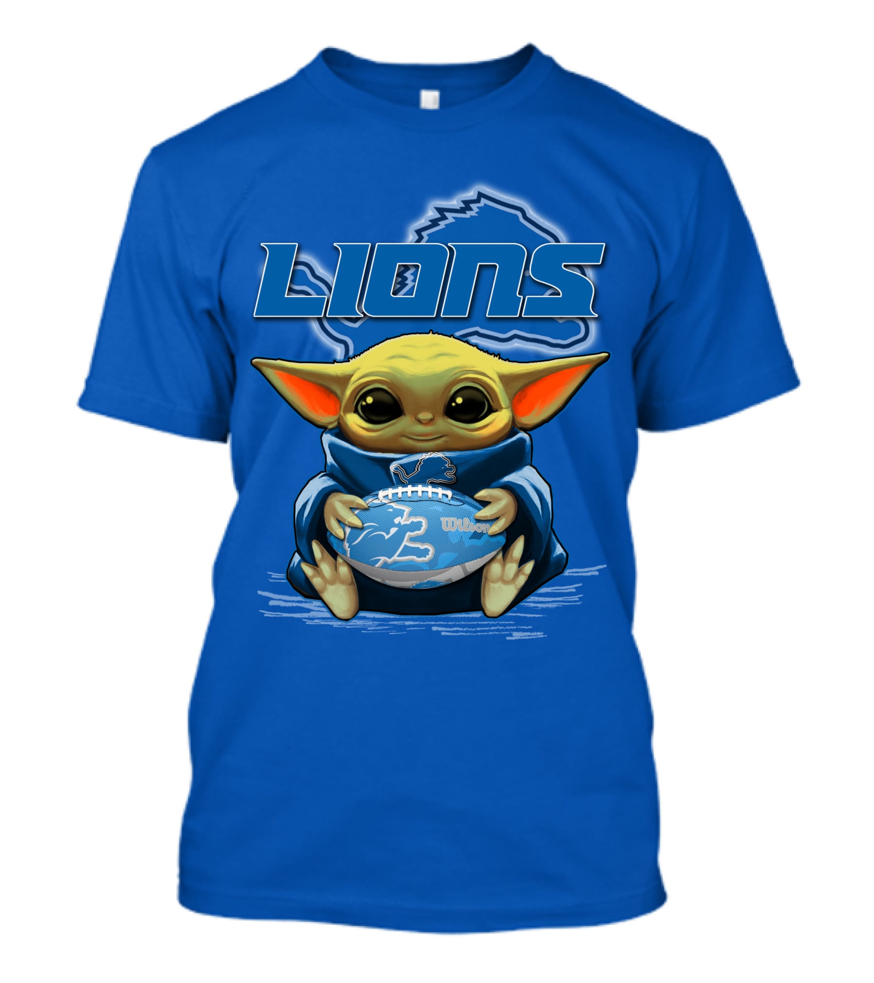Lions Baby Yoda Holding Detroit Football Wilson Logo Fan Favorite T-Shirt
