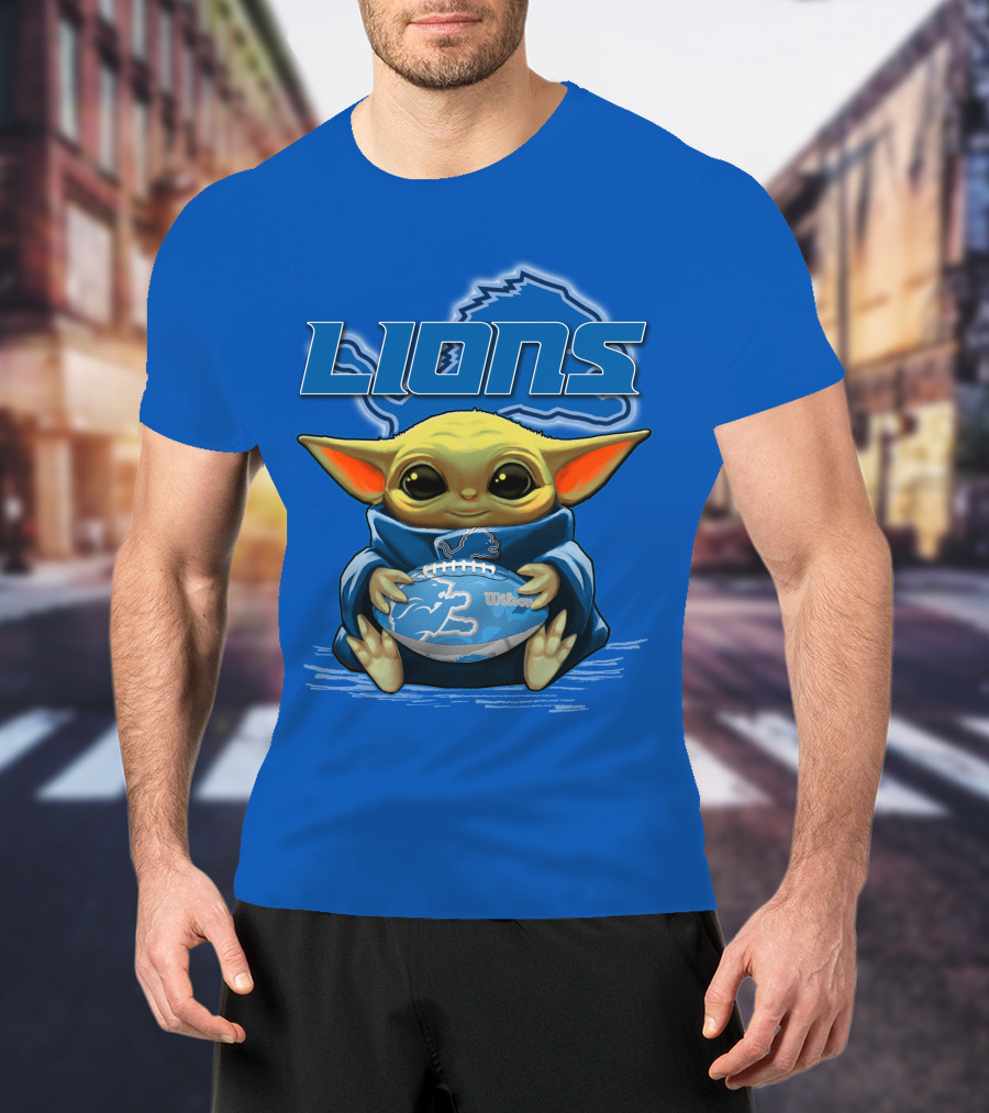 Lions Baby Yoda Holding Detroit Football Wilson Logo Fan Favorite T-Shirt