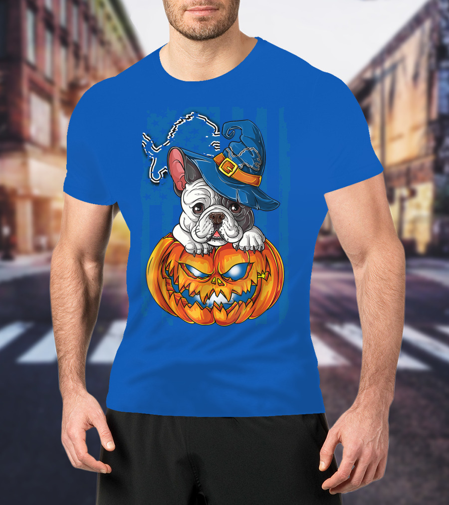 Hlw Bulldog DETROIT LIONS Halloween Bulldog Pumpkin Pajama Football Fan Gift T-Shirt