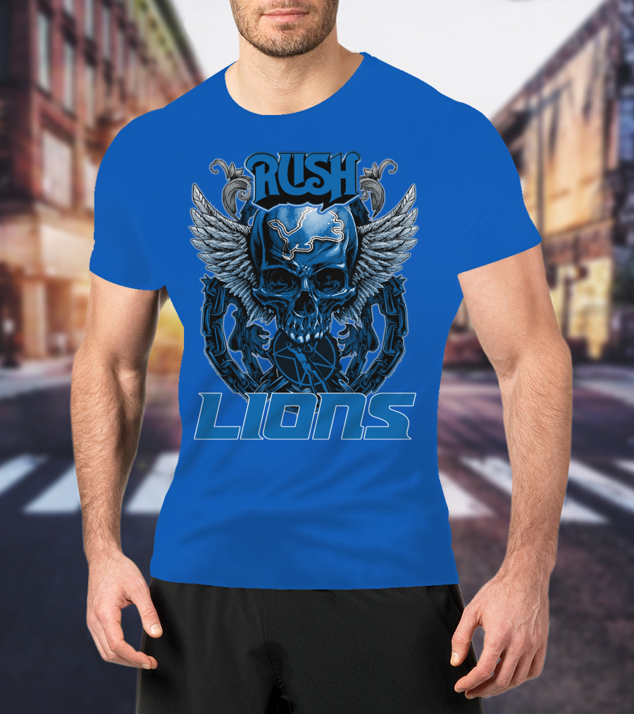 Rush Detroit Lions Skull With Wings And Chains T-Shirt