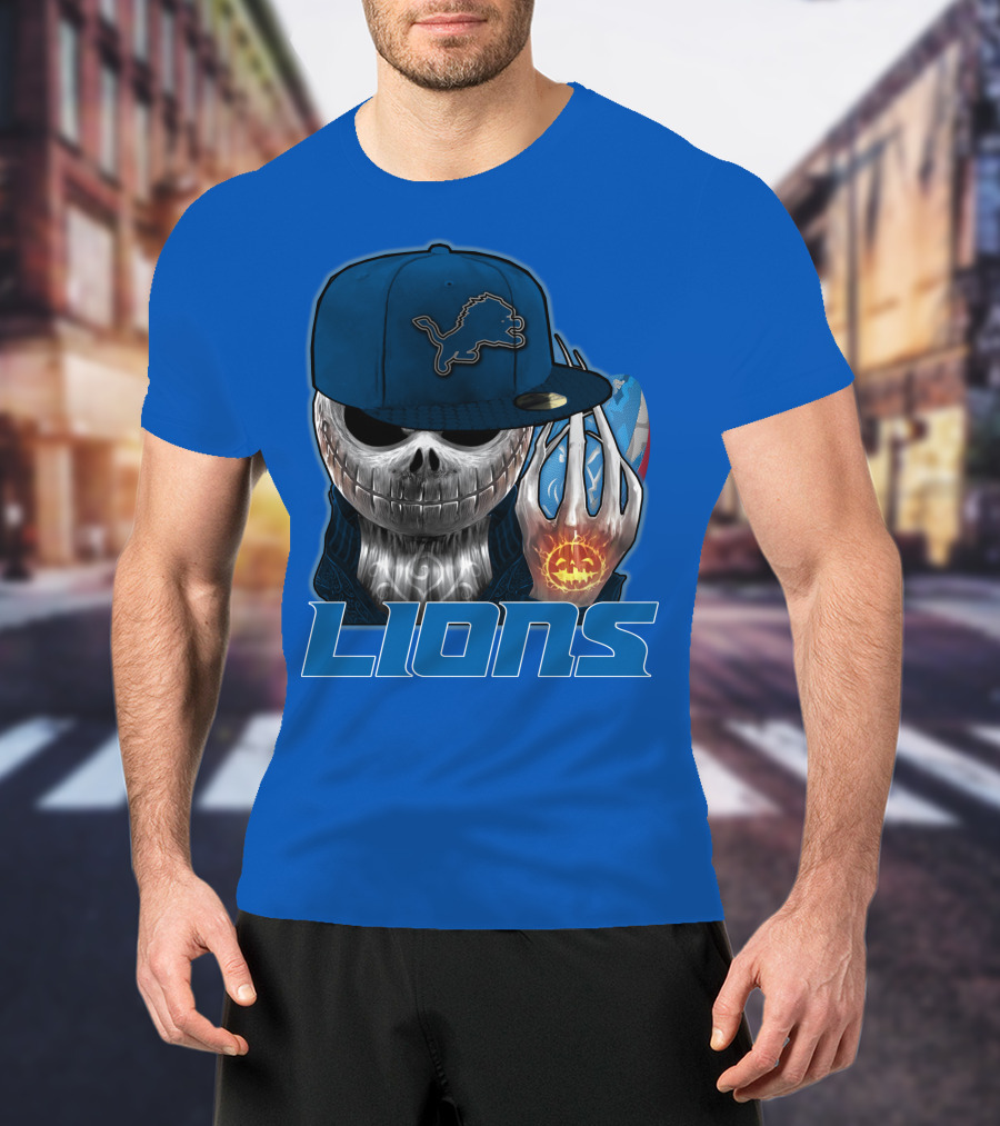 LIONS Jackskull Detroit Football Pumpkin Face Cap T-Shirt