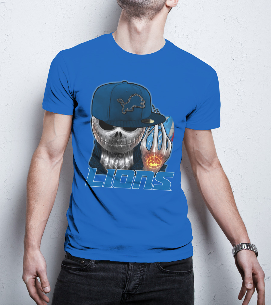 LIONS Jackskull Detroit Football Pumpkin Face Cap T-Shirt