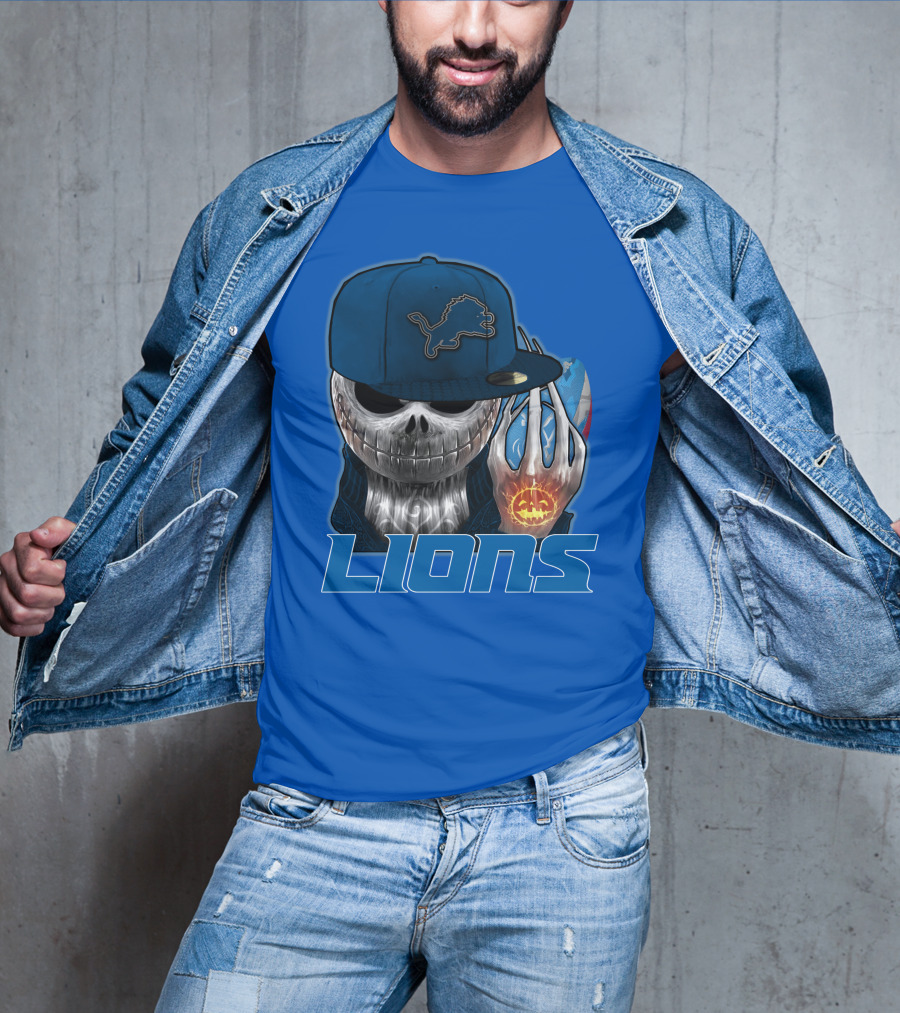LIONS Jackskull Detroit Football Pumpkin Face Cap T-Shirt