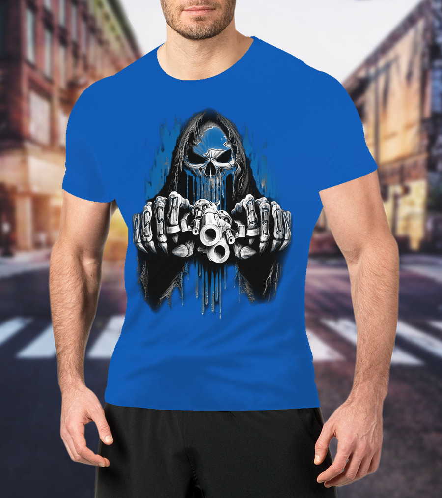 Detroit Lions 67 Grim Reaper Skeleton Guns T-Shirt