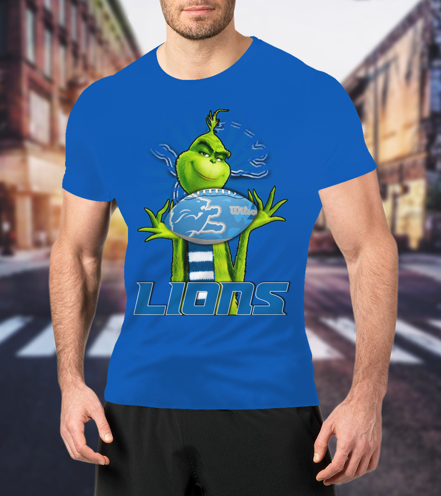 Grinch Holding Detroit Lions Football Blue T-Shirt