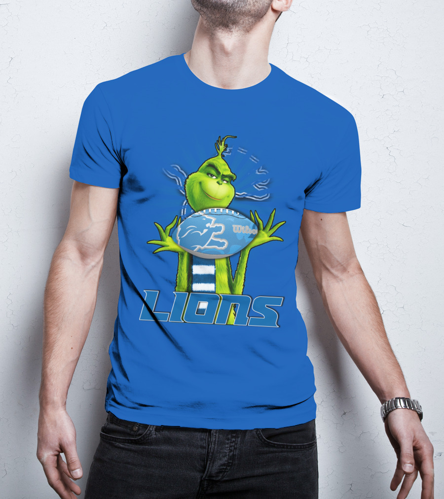 Grinch Holding Detroit Lions Football Blue T-Shirt
