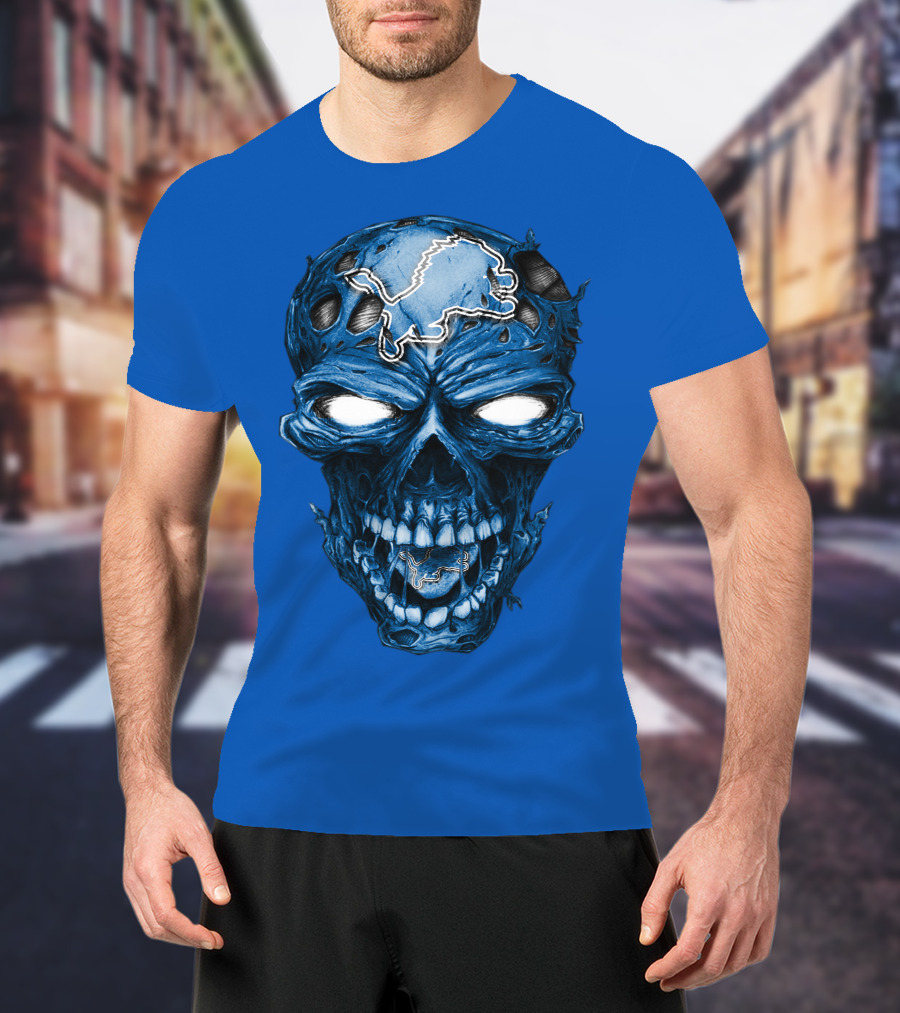 Skull Detroit Lions Distressed Blue Grunge T-Shirt