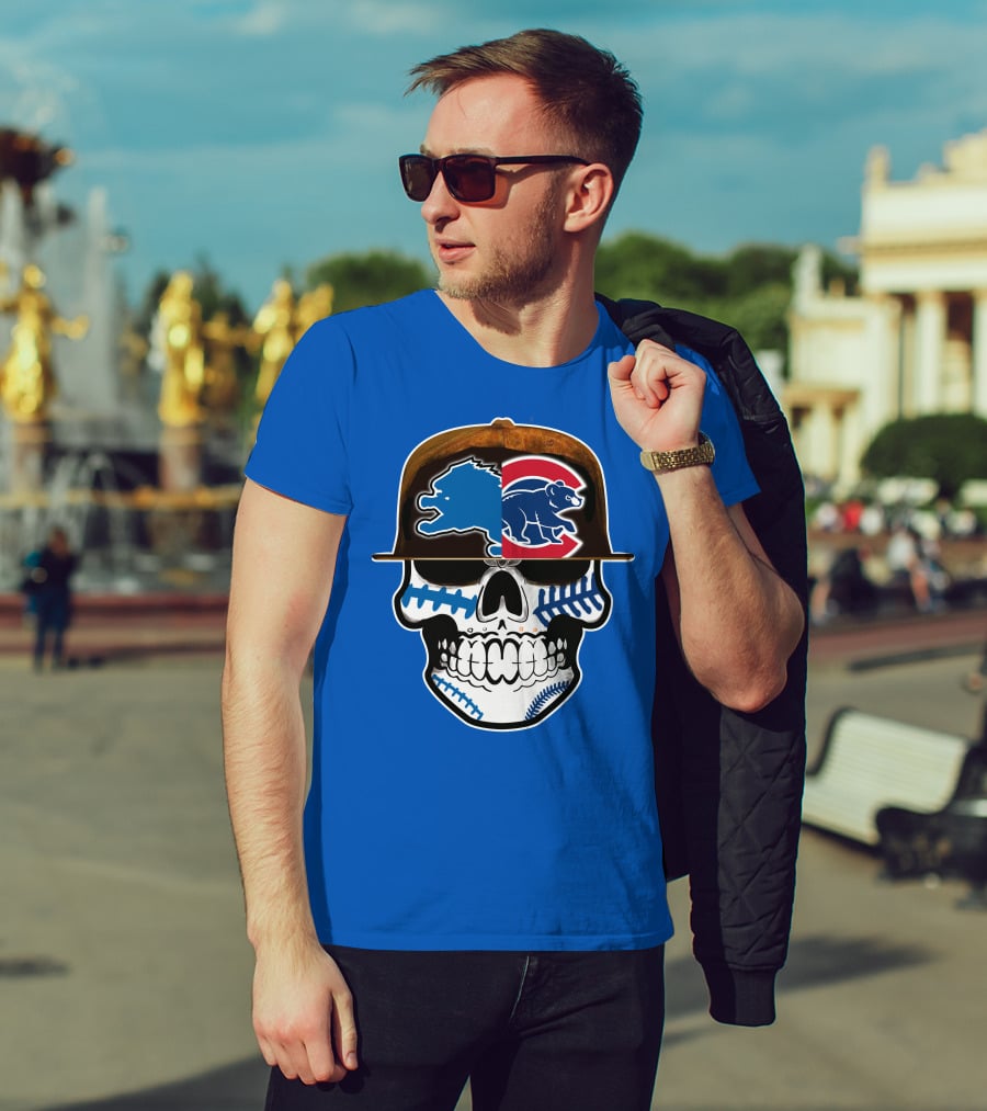 Detroit Lions Chicago Cubs Mashup Skull T-Shirt