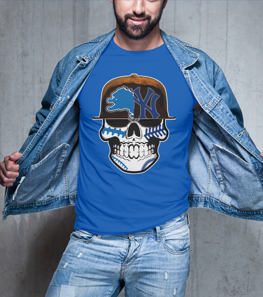 Detroit Lions Yankees Skull Blue Baseball Hat 74 T-Shirt