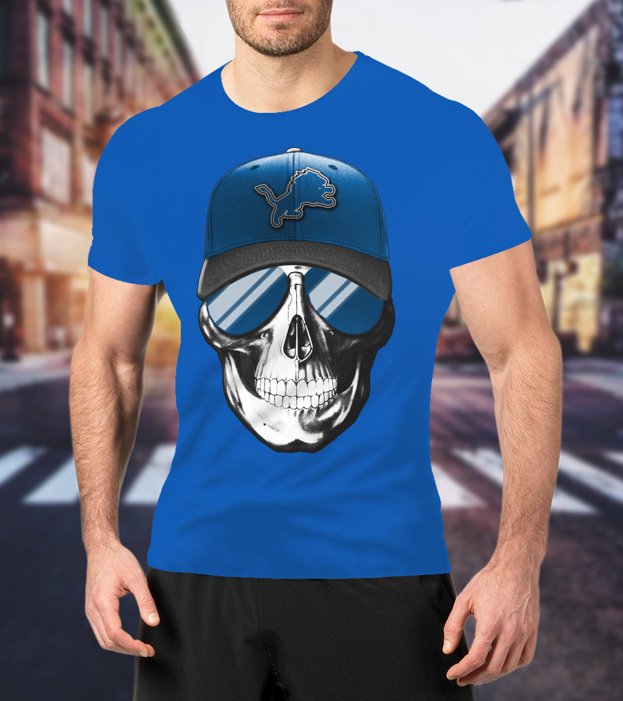 Skull Wearing Detroit Lions Cap With Reflective Sunglasses T-Shirt
