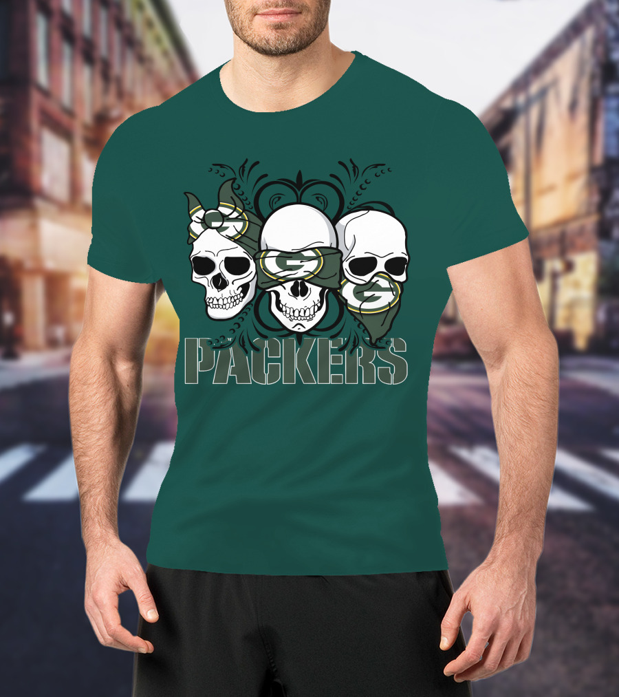 Packers Three Skulls With Green Bay Bandanas T-Shirt