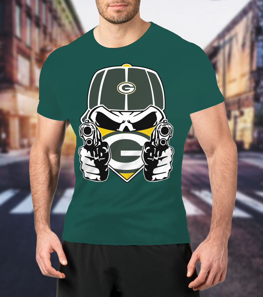 Green Bay Packers G Logo Helmet With Crossed Guns Face Mask T-Shirt