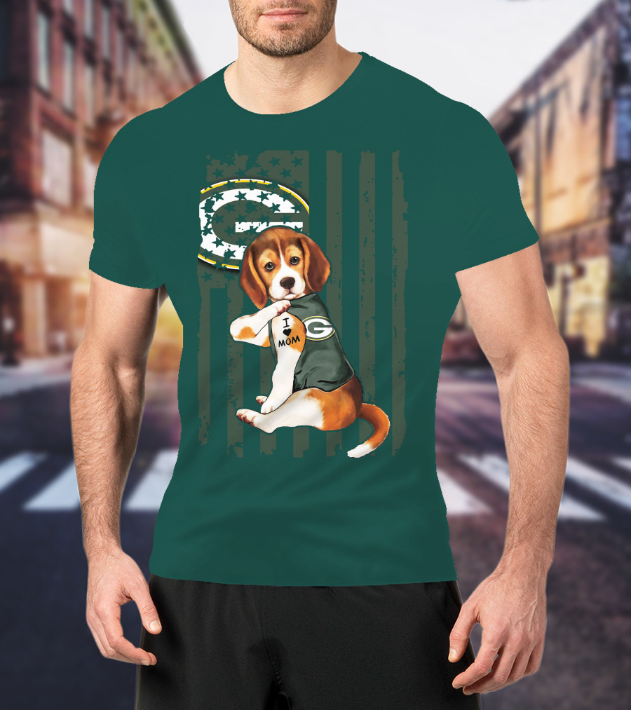 Beagle Wearing Green Bay Packers Jersey With I Love Mom Tattoo T-Shirt