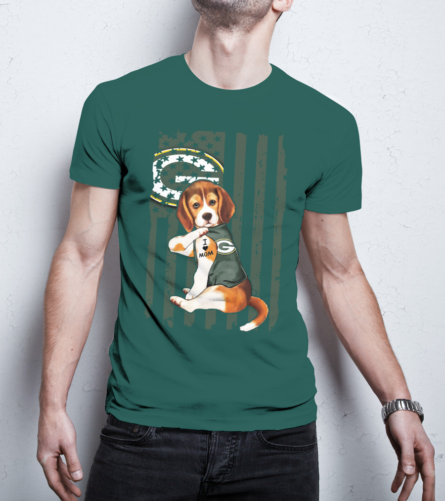 Beagle Wearing Green Bay Packers Jersey With I Love Mom Tattoo T-Shirt