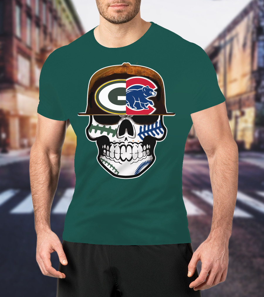 Green Bay Packers Chicago Cubs Skull Hat T-Shirt