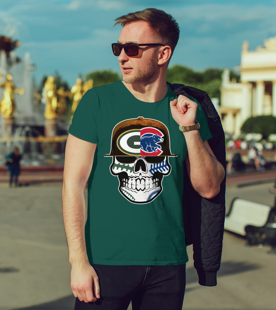 Green Bay Packers Chicago Cubs Skull Hat T-Shirt