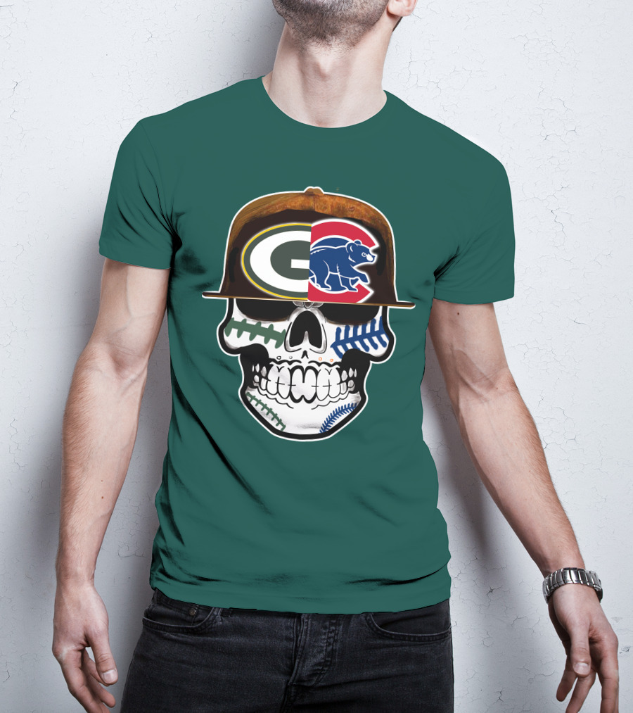 Green Bay Packers Chicago Cubs Skull Hat T-Shirt