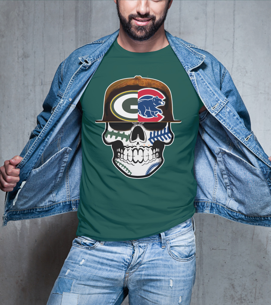 Green Bay Packers Chicago Cubs Skull Hat T-Shirt