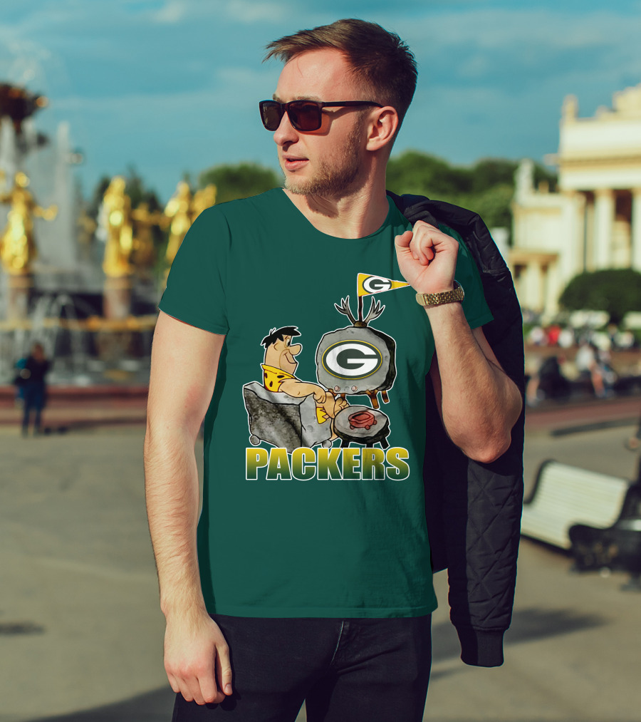 Packers Fred Flintstone Watching Tv With Green Bay T-Shirt