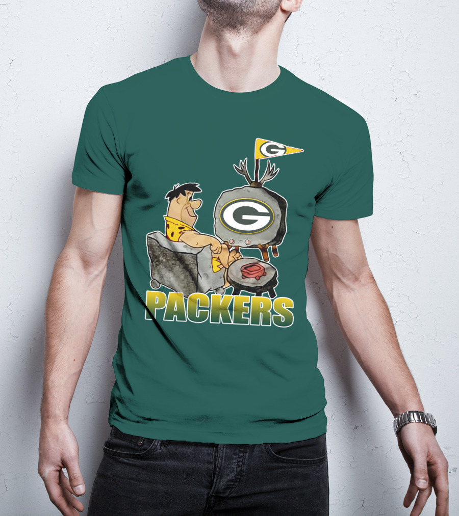 Packers Fred Flintstone Watching Tv With Green Bay T-Shirt