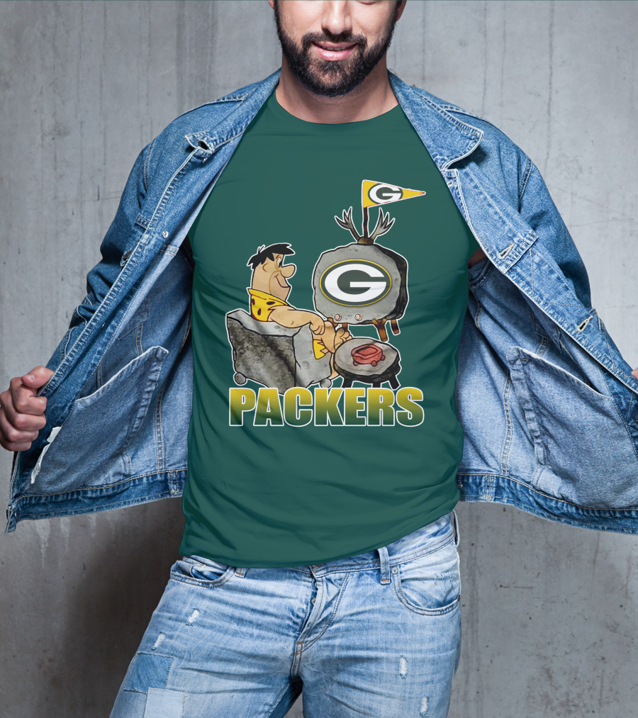 Packers Fred Flintstone Watching Tv With Green Bay T-Shirt