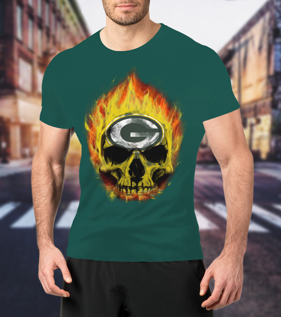 Green Bay Packers Skull Flames T-Shirt