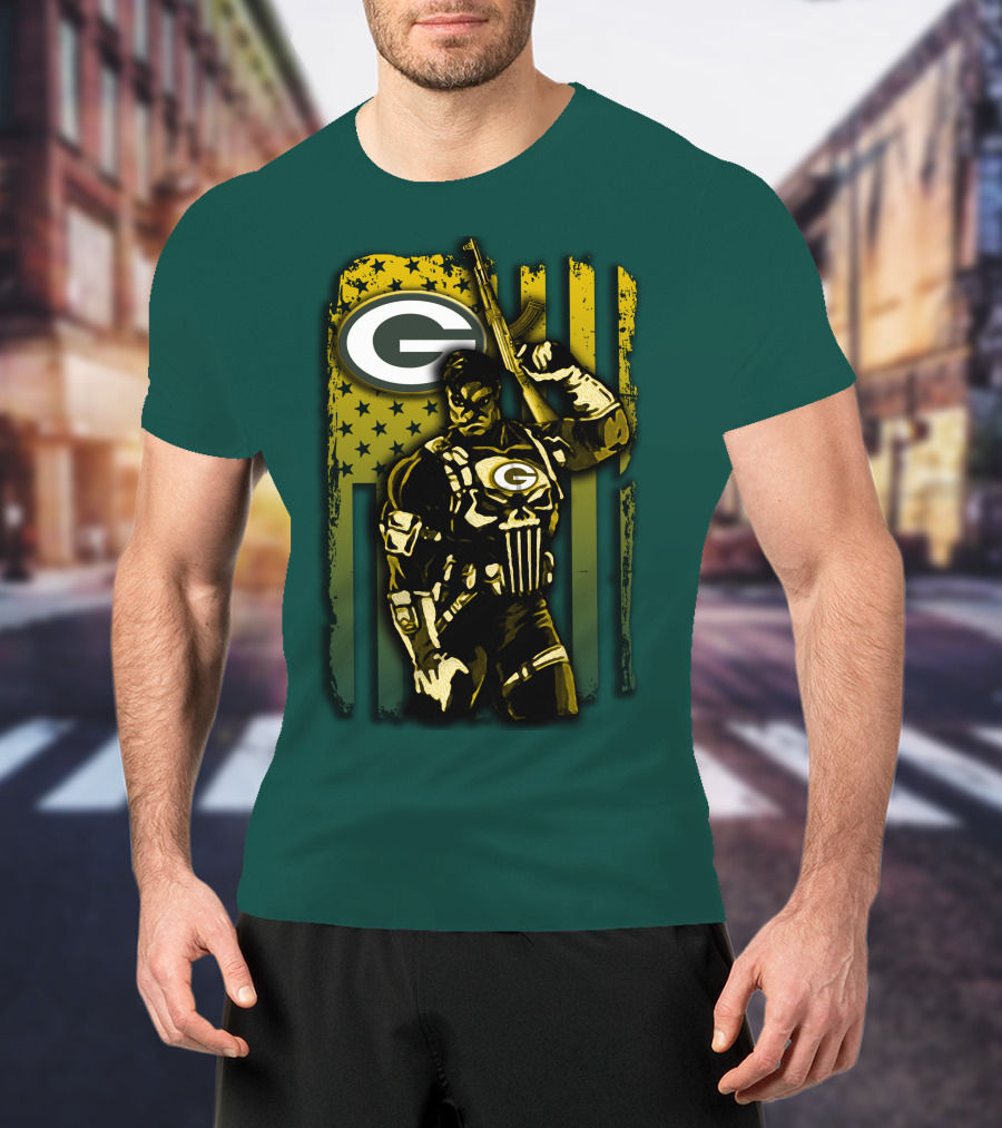 Green Bay Packers Soldier With Rifle And American Flag T-Shirt