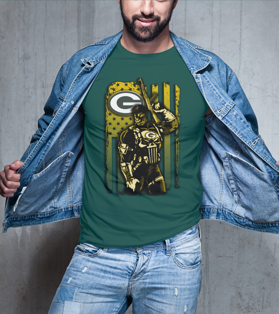 Green Bay Packers Soldier With Rifle And American Flag T-Shirt