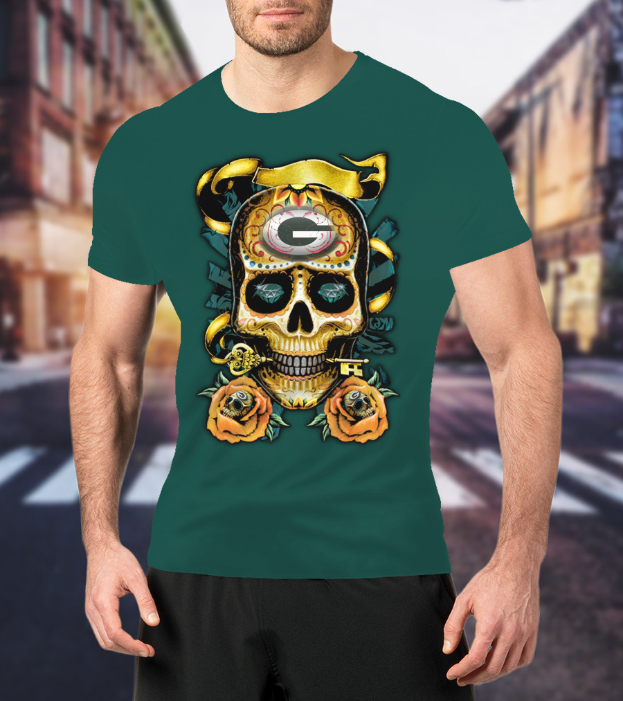 Green Bay Packers Sugar Skull Gothic Design With Floral And Key Elements T-Shirt