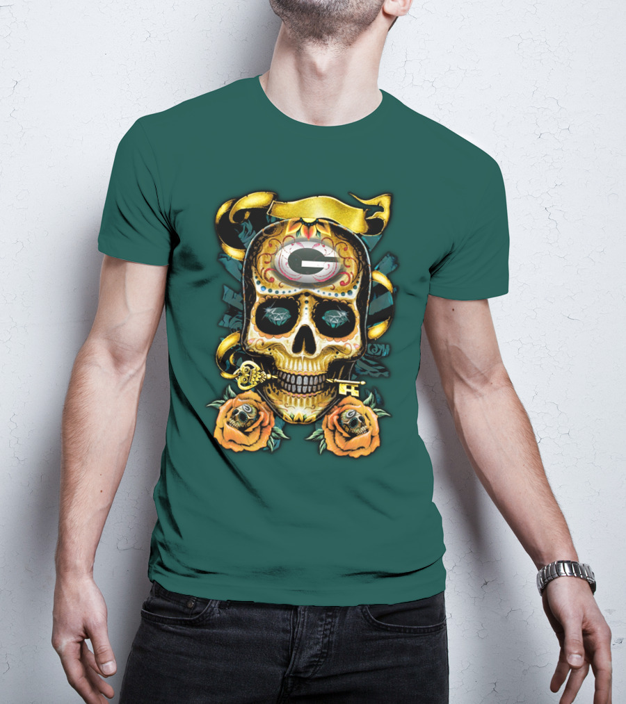 Green Bay Packers Sugar Skull Gothic Design With Floral And Key Elements T-Shirt