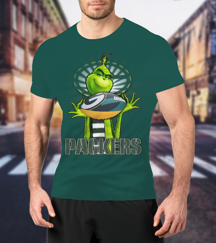 Grinch Holding Green Bay Packers Wilson Football T-Shirt