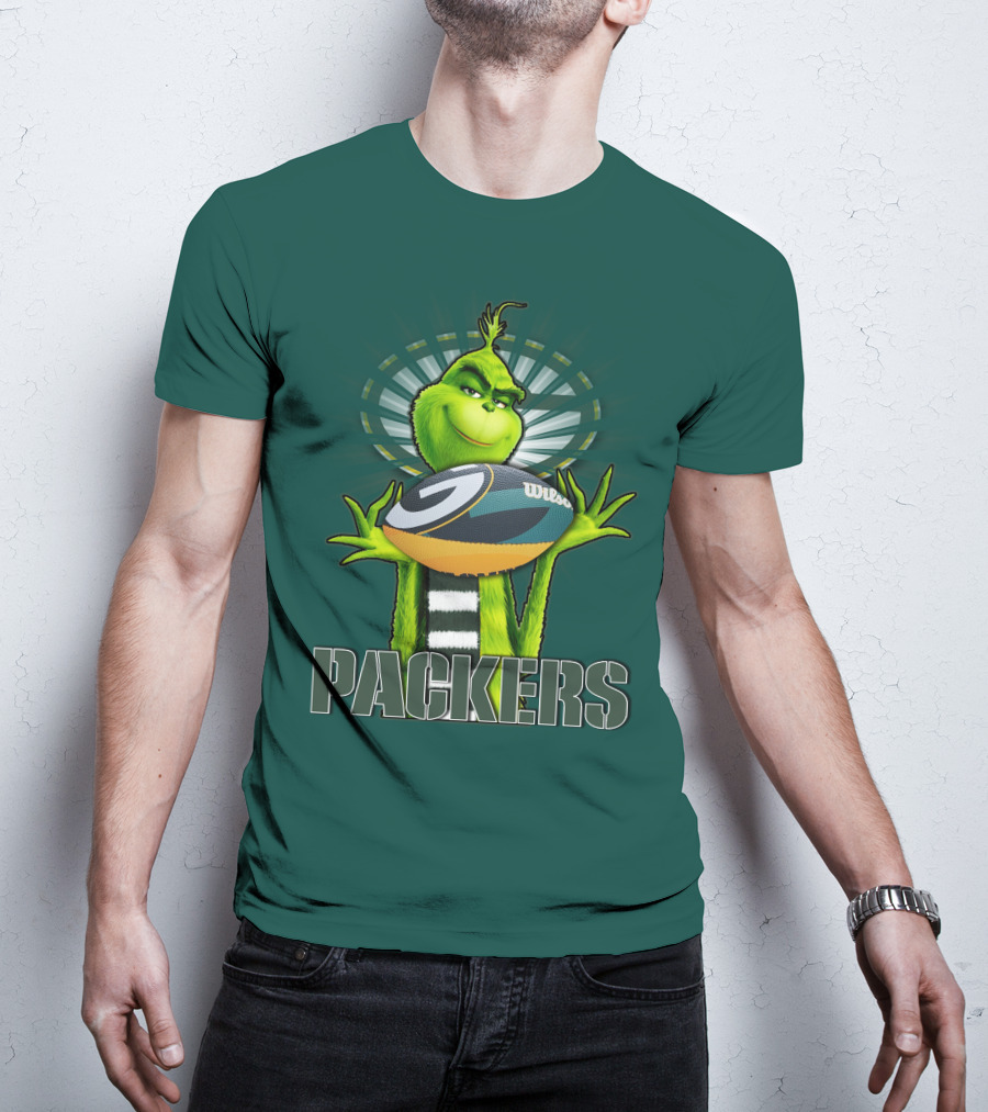 Grinch Holding Green Bay Packers Wilson Football T-Shirt