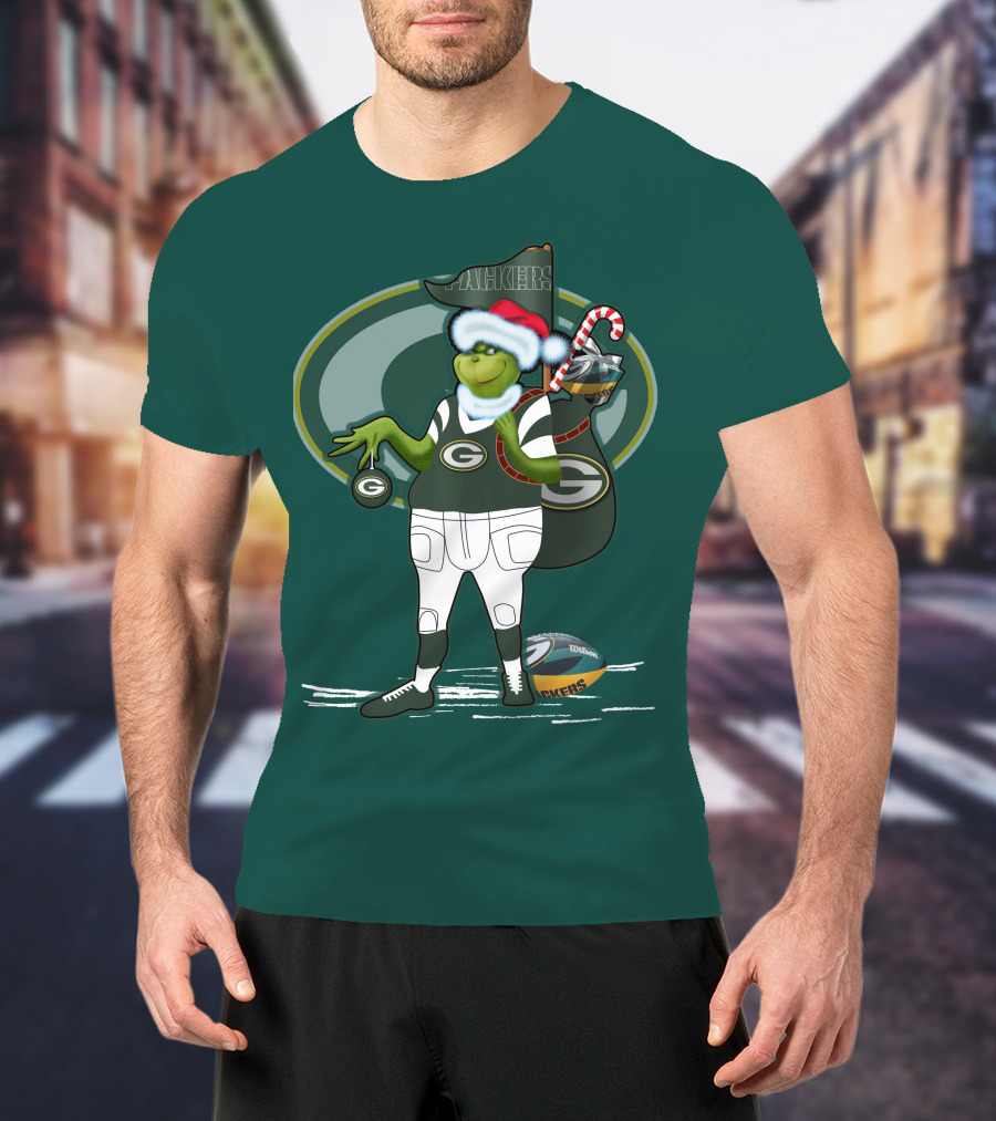 Grinch Green Bay Packers Christmas Santa Hat Football Candy Cane T-Shirt