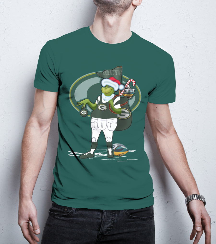 Grinch Green Bay Packers Christmas Santa Hat Football Candy Cane T-Shirt
