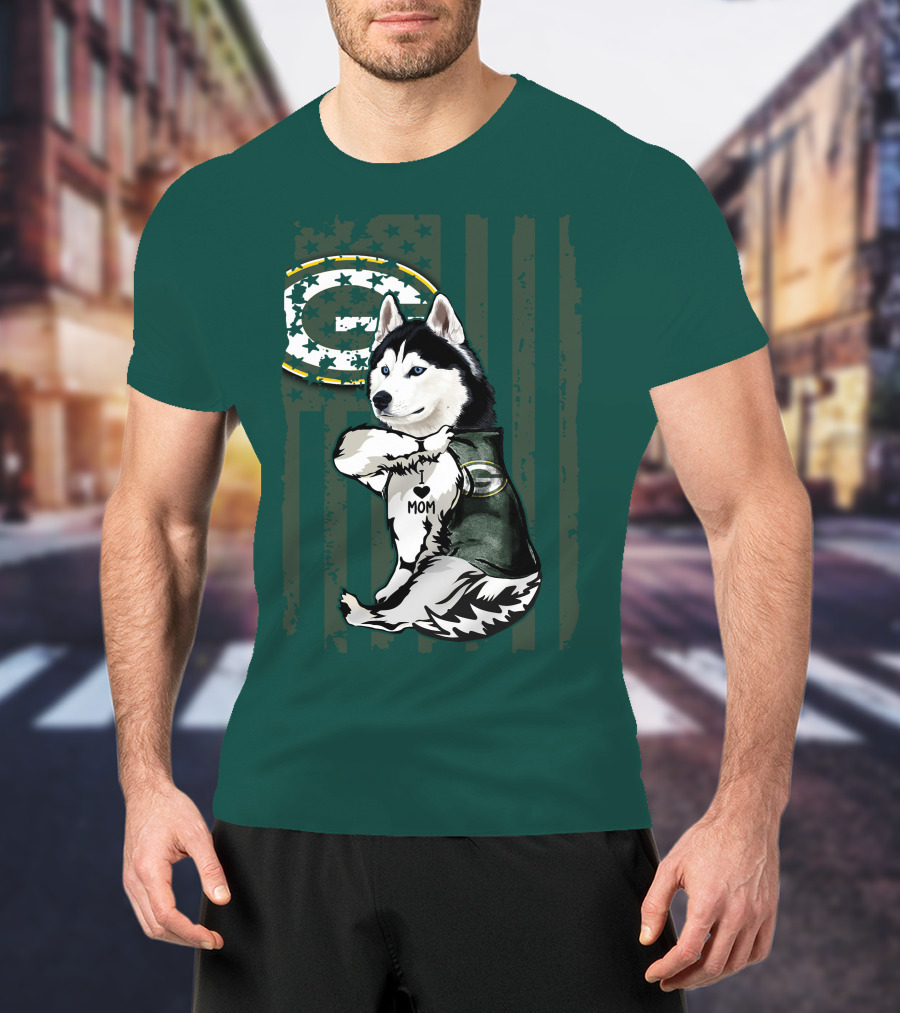 Siberian Husky Green Bay Packers Mom Fan With Heart Tattoo And Team T-Shirt
