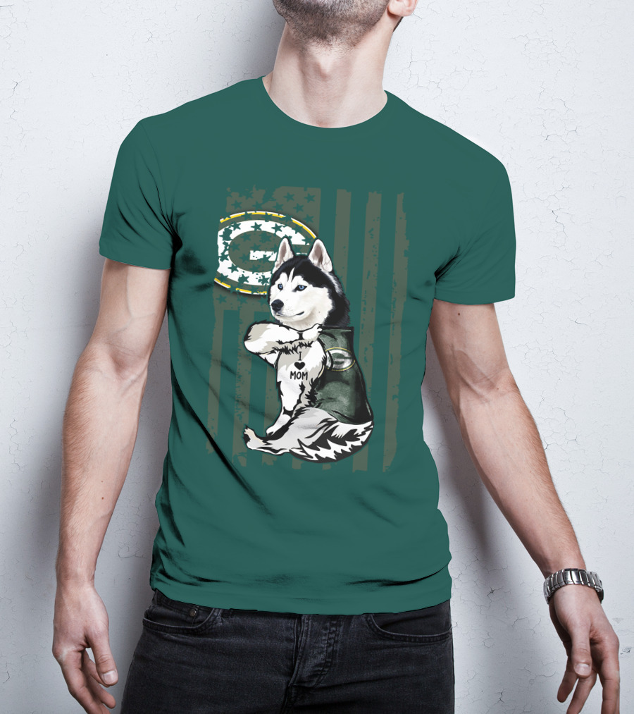 Siberian Husky Green Bay Packers Mom Fan With Heart Tattoo And Team T-Shirt