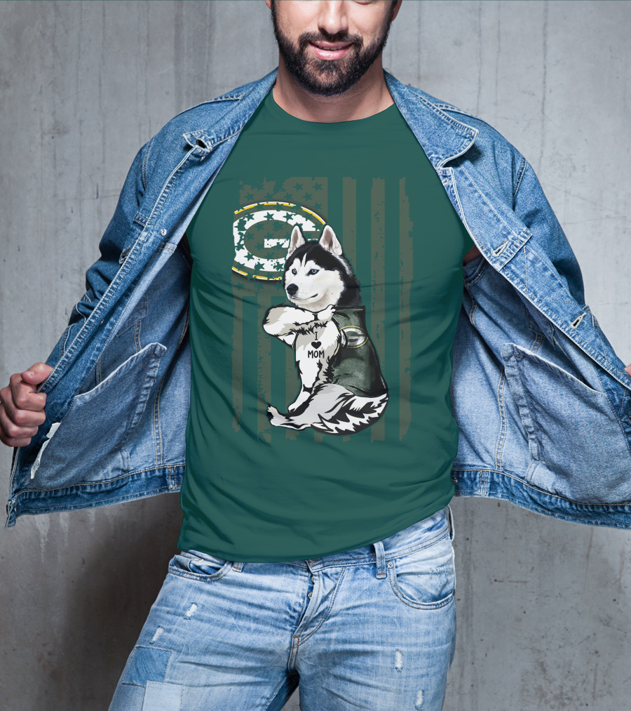 Siberian Husky Green Bay Packers Mom Fan With Heart Tattoo And Team T-Shirt