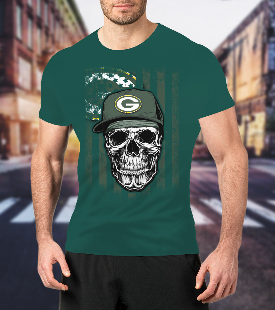 Skull Wearing Green Bay Packers Cap On Flag Background T-Shirt