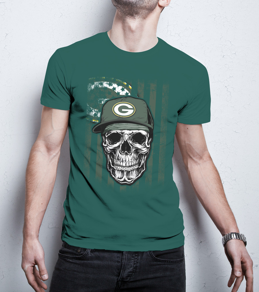 Skull Wearing Green Bay Packers Cap On Flag Background T-Shirt