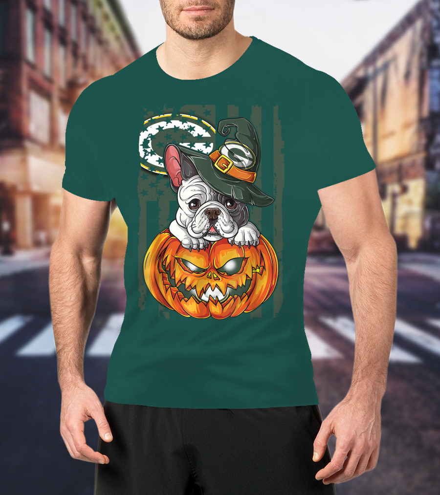 Hlw Bulldog Halloween Witch Green Bay Packers Pumpkin T-Shirt