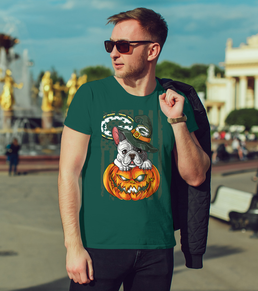 Hlw Bulldog Halloween Witch Green Bay Packers Pumpkin T-Shirt