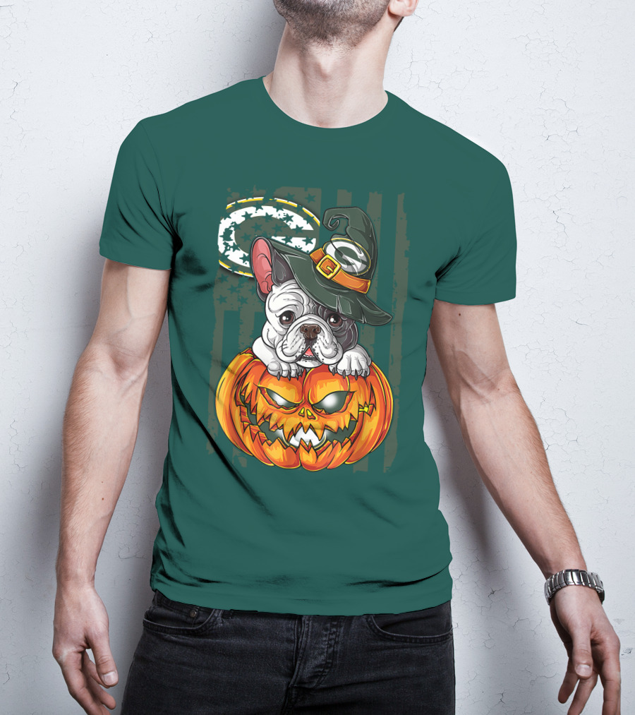 Hlw Bulldog Halloween Witch Green Bay Packers Pumpkin T-Shirt