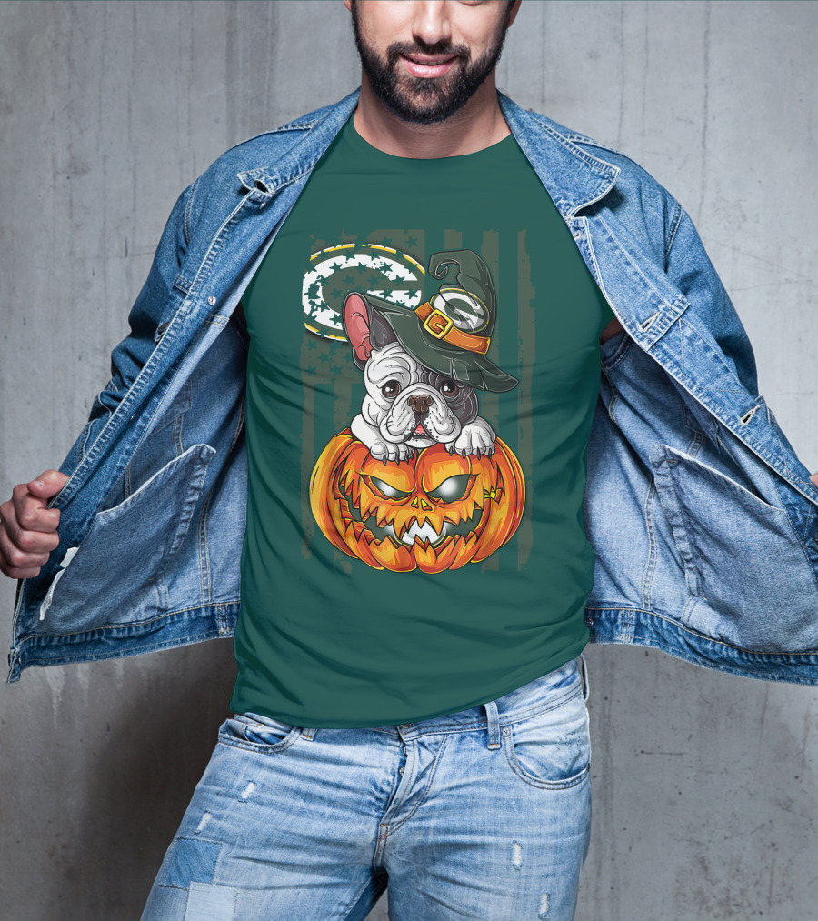 Hlw Bulldog Halloween Witch Green Bay Packers Pumpkin T-Shirt
