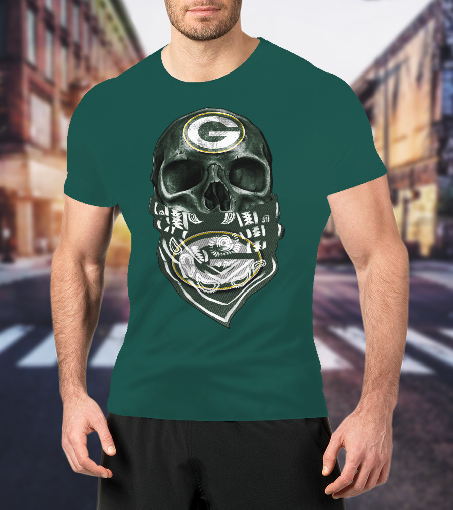Skull Wearing Green Bay Packers Bandana T-Shirt