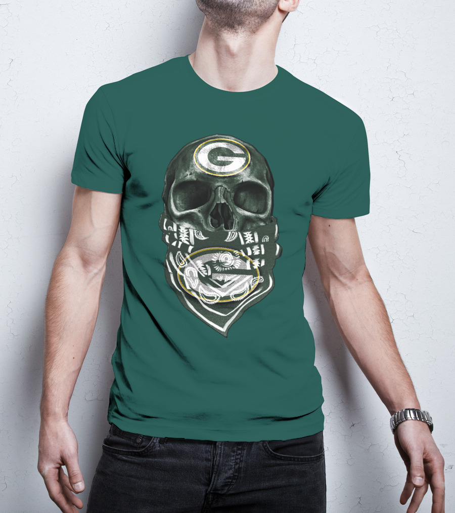 Skull Wearing Green Bay Packers Bandana T-Shirt
