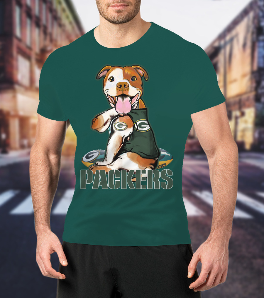 Pitbull Dog In Green Bay Packers Jersey With Football T-Shirt