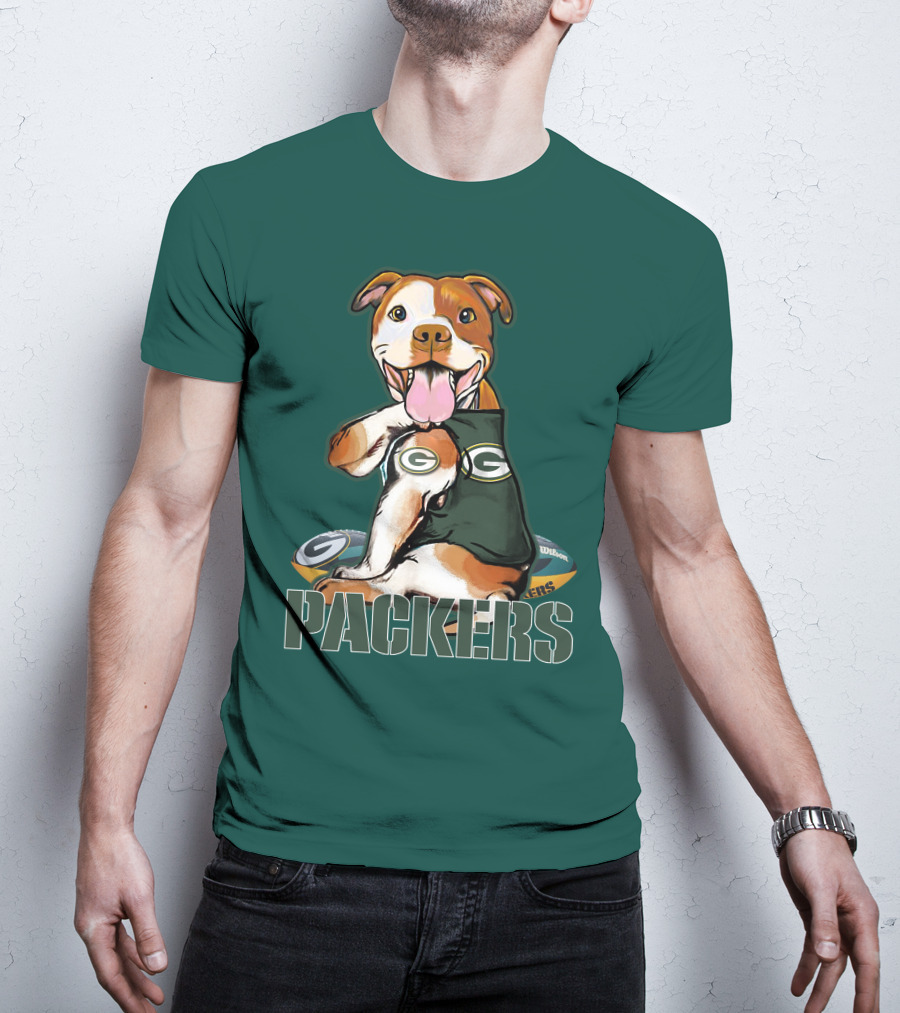 Pitbull Dog In Green Bay Packers Jersey With Football T-Shirt