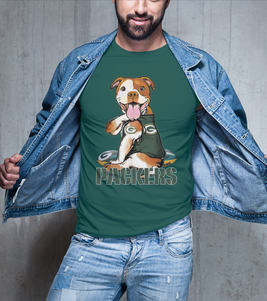 Pitbull Dog In Green Bay Packers Jersey With Football T-Shirt